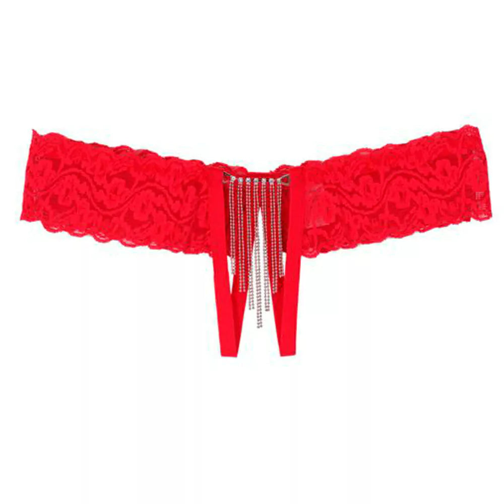 Calcinha Fio Renda Aberta e Bijou Franja - Vermelho