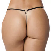 Calcinha Fio Dental Aberta em Tule com Bordado e Corrente de Strass –Preto